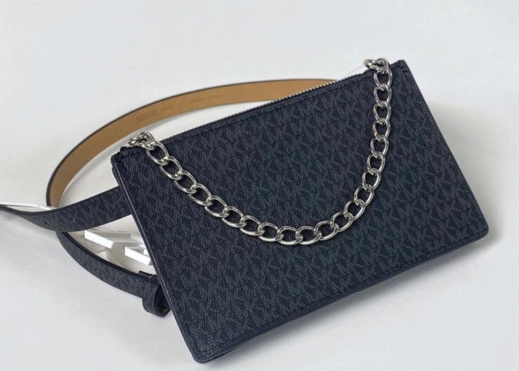 Michael Kors Black MK Signature Fanny Pack Belt Bag Small with Silver chain NEW