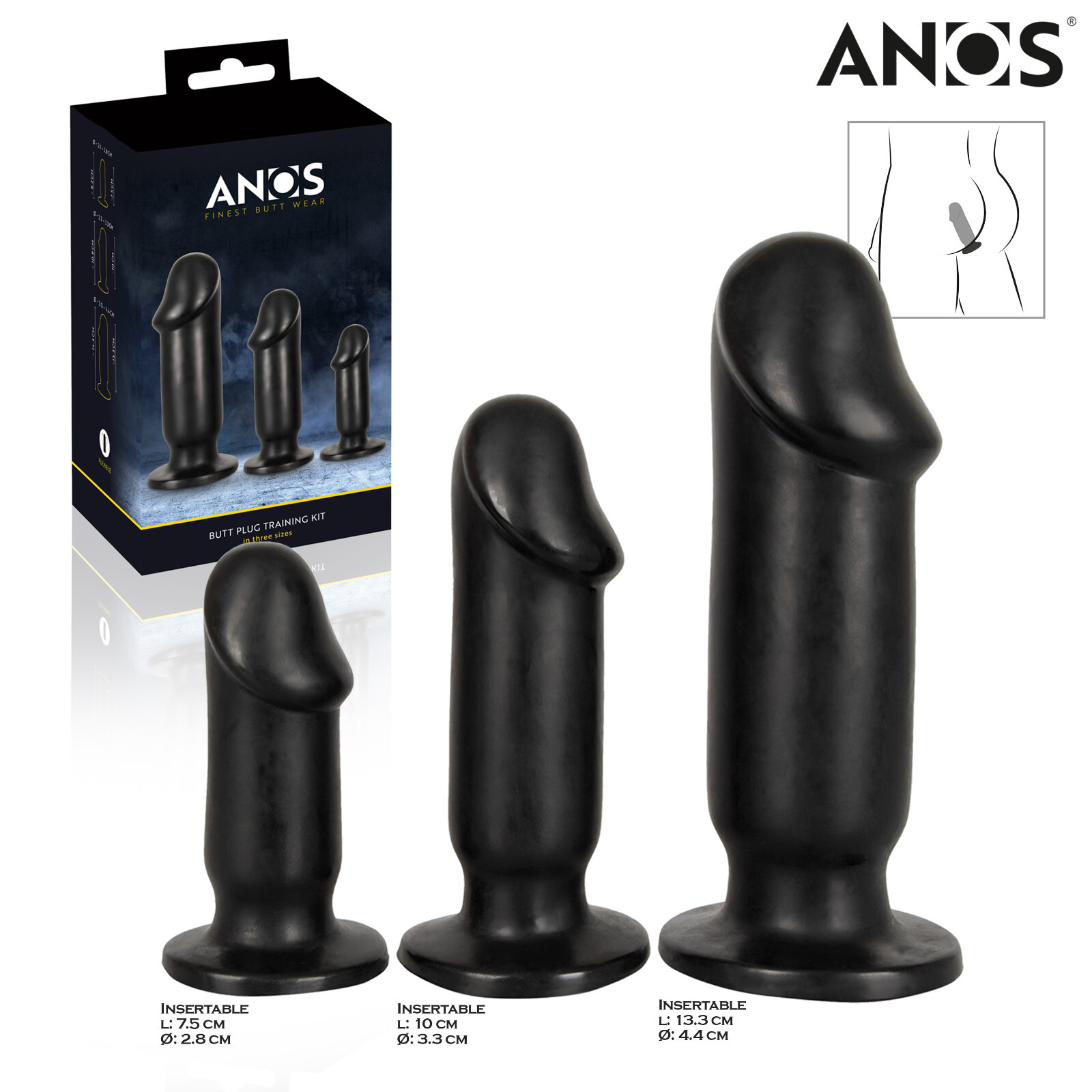 ANOS Butt Plug Training Kit in Three Sizes Black PVC Anal Realistic Dilator Set