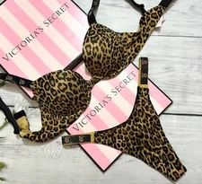 Victoria’s Secret VS Black Shine Strap Push Up Bra Thong Set Leopard