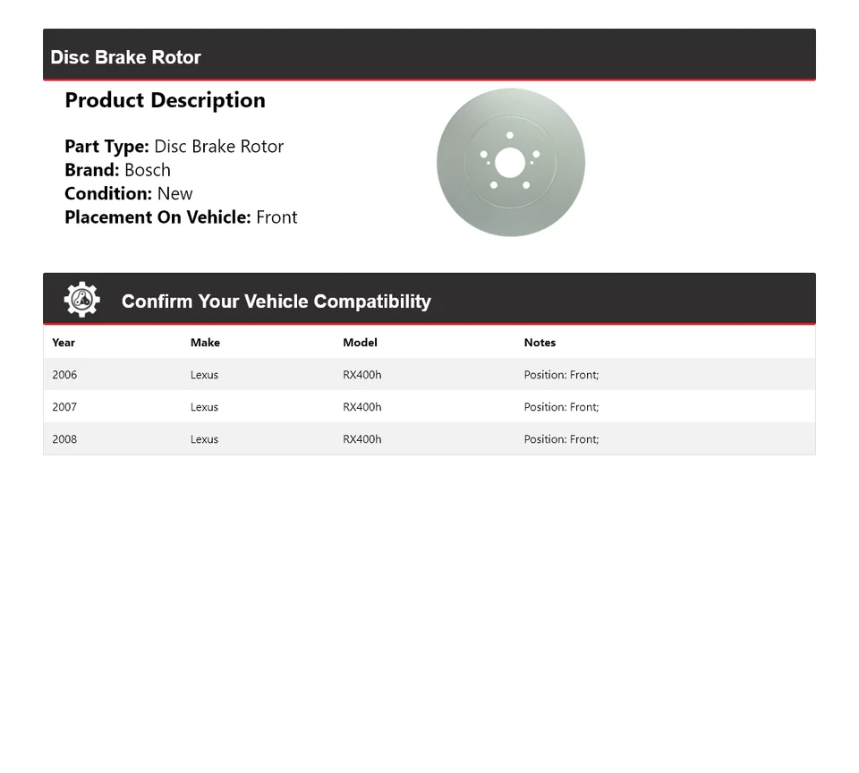 For 2006-2008 Lexus RX400h Bosch QuietCast Disc Brake Rotor Front 2007 - Image 2 of 4