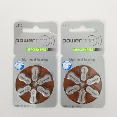 Lot of 2 Power One Mercury Free Hearing Aid Batteries Size P312 Exp Aug 2021