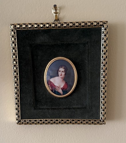VTG FRAMED MINIATURE PORTRAIT PRINT VICTORIAN LADY GOLD OVAL INSERT GILT FRAME