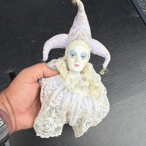 Handmade Doll Pin Cushion Lace Dress Purple White Jester Collectible Sewing