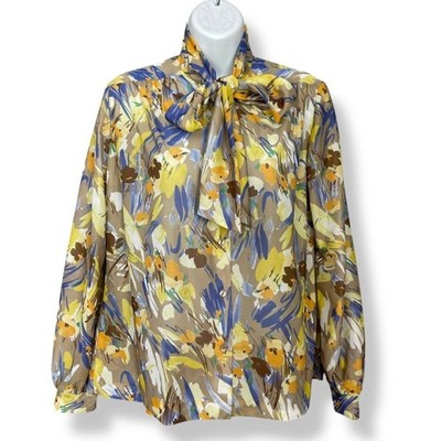 Vintage 1970s Secretary Blouse Tie Neck Bow Abstract Paint Splash Pattern Retro