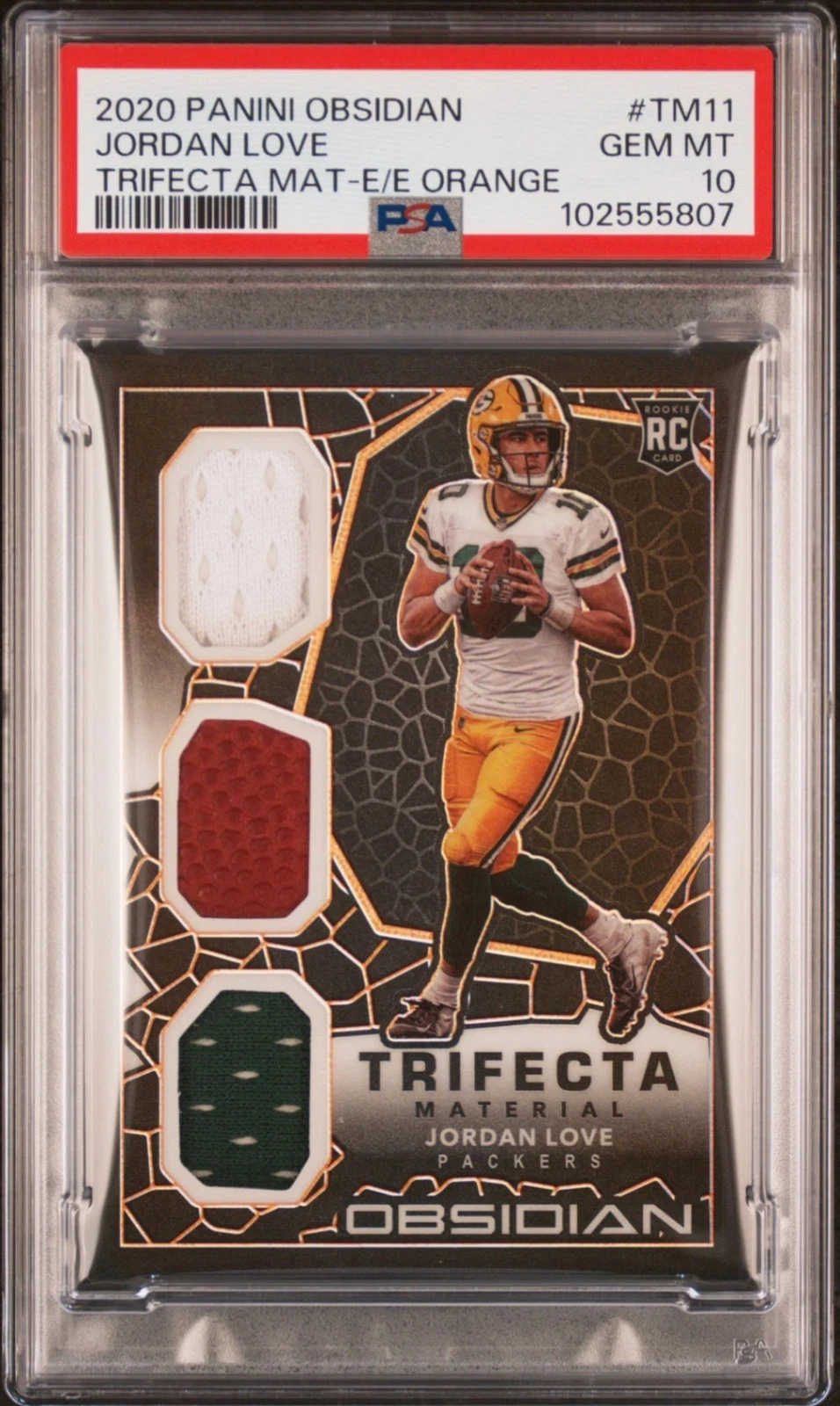 Jordan Love Panini Obsidian Trifecta Material #TM11 Electric Etch-Orange