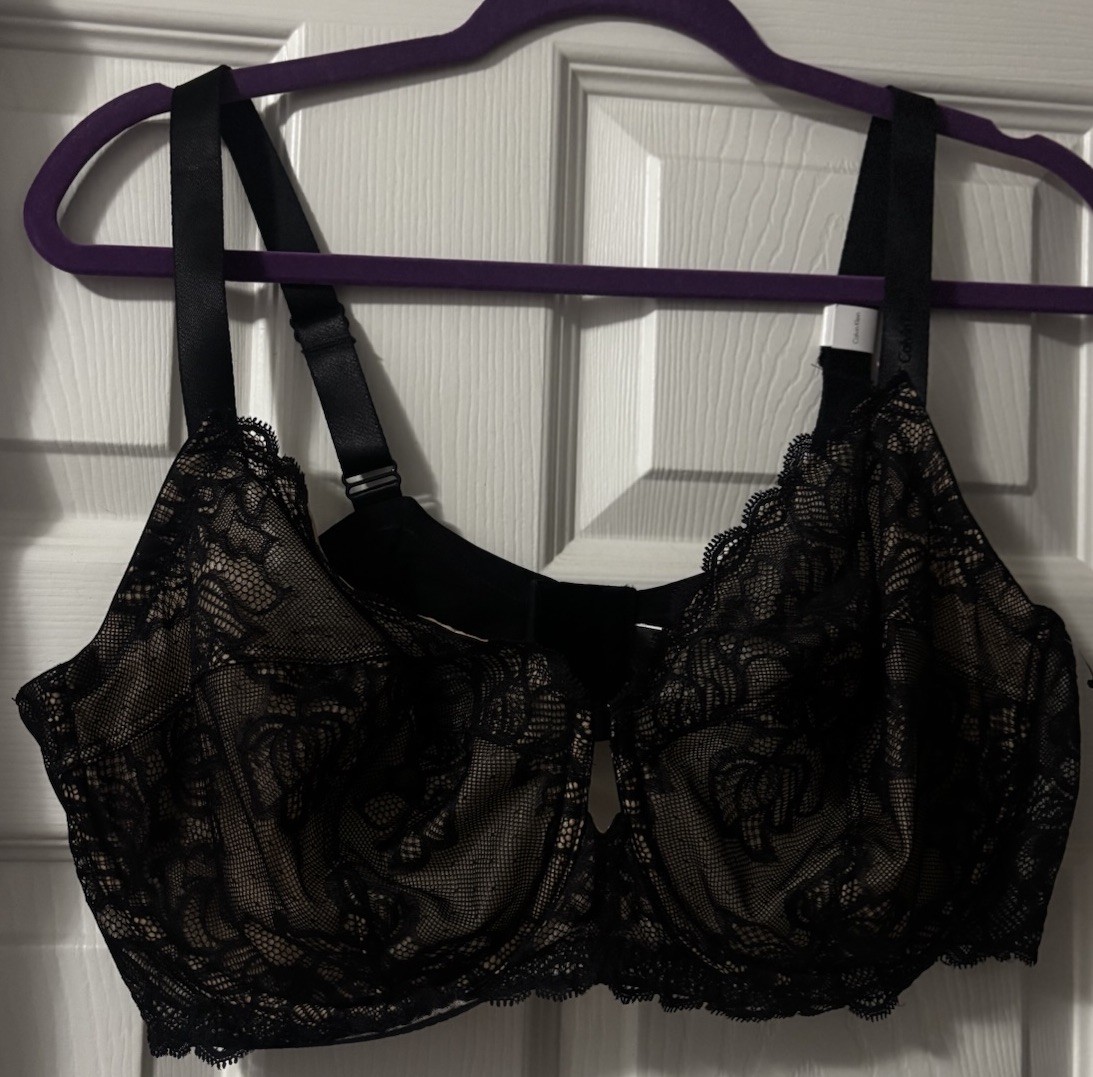 Calvin Klein Lace Balconette Bra Black Floral 44C Adjustable Strap Underwired