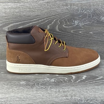 Polo Ralph Lauren Mens 12 Brown Ankle Boot Sneaker Nubuck Leather Canvas Lace Up