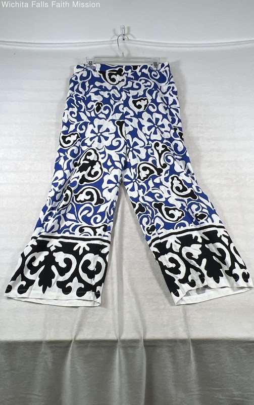 Melloday Women's Wide Leg Pants Blue White Black Abstract Floral Print NWT XL