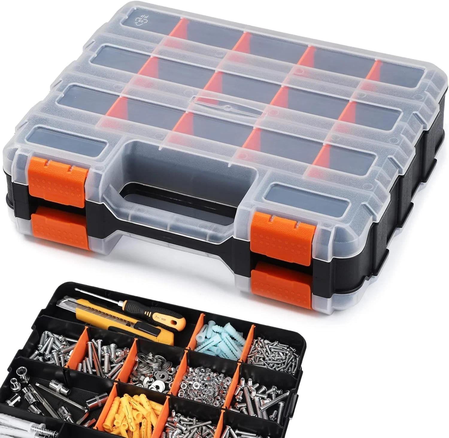 Caja organizadora de herramientas para piezas pequeñas, 34 compartimentos, doble
