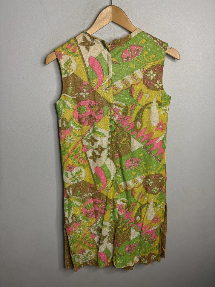 Vintage Madine Dress Womens Small Green Pink Metallic Mod Shift Made USA 60s - image 3 of 4