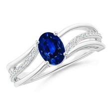 6x4 MM Oval Shape Blue Sapphire Solitaire Ring with Accents 925 Sterling Silver