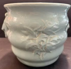 McCoy Pottery Flower 7” X 7.5” Jardiniere Bow Handles Aqua Blue Ribbed