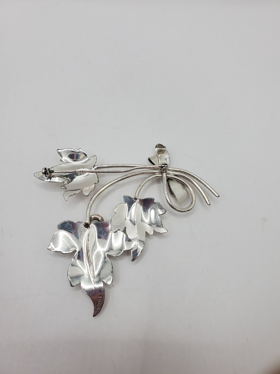 Sterling Silver Antique Art Deco Large Leaf an Bow Pin Brooch View 3