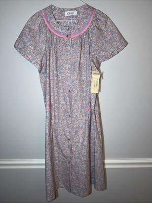 #ad Vtg New Komar Pink Purple Floral Snap House Coat Nightgown Dress Large USA $39.99