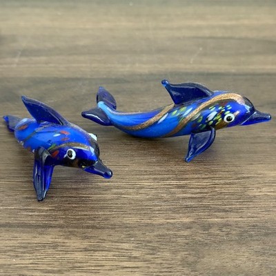 Pier 1 Mini Blown Glass Dolphin Figurines Madi Kiki Blue Copper Original Box