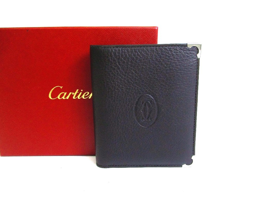 Auth Cartier Must de Cartier Black Leather Bifold Bill Wallet Purse #b279
