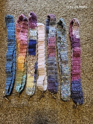 Lot Of 7 Hand Croched Lanyards. Multi-Colored. With Metal Loop Hook And 2 Clips.