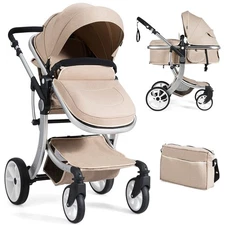 Costway Folding Aluminum Infant Bassinet Reversible Baby Stroller W/ Bag Beige