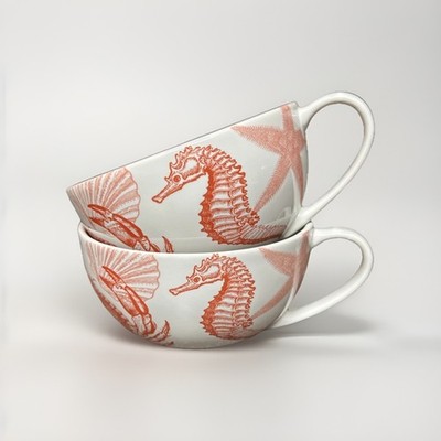 222 Fifth Coastal Life Coral Porcelain Tea Soup Cups Seahorse Crab Set of 2