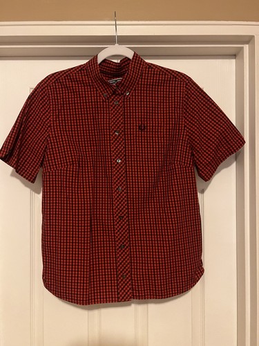 FRED PERRY Buttondown SHIRT - Black/Red Checkered UK16/US12 100% Cotton SKA, Oi!