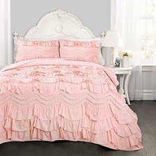 Kemmy Quilt Set, 3 Piece Set Full/ Queen - Ruffled Full/Queen Peachy Pink