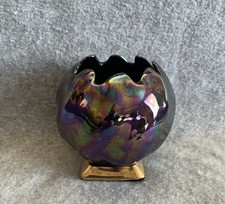 Vintage Art Deco Iridescent Black Lustre Ware Posy Vase Orb Shape Gold Stand