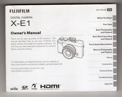 Fuji Fujifilm X-E1 Genuine Camera Instruction Manual / User Guide In English