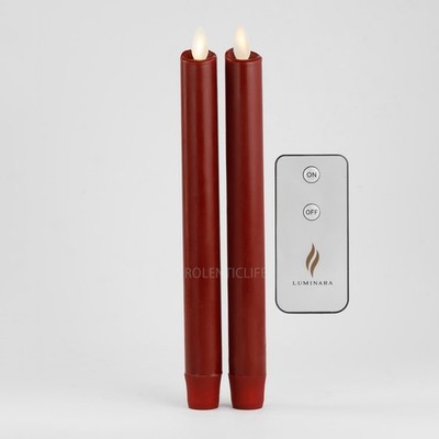 Set of 2 Luminara Flameless Burgundy LED Taper Candle w/Moving Wick Remote 9.5''