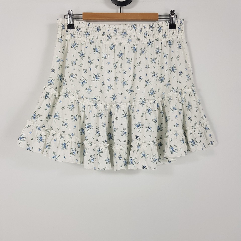 Sportsgirl Womens Size 12 White Floral Ruffle Skirt Elastic Waist Linen Blend