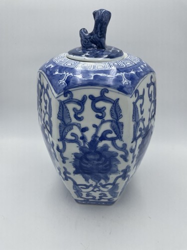 Large Vintage Blue And White Chinese Ceramic Jar with Foo Dog Lid 13" - Picture 5 of 11