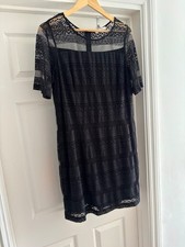 Ladies Size 14 Black Lace Evening Dress M&S Evening Short Sleeves Preowned Zip