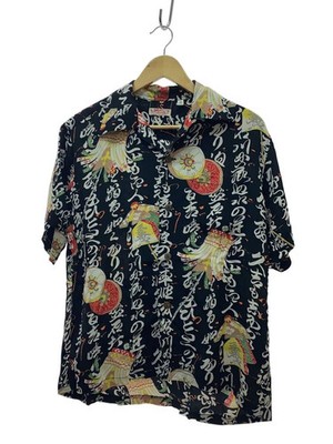 SUN SURF Aloha Shirt, Firefighter, Sutra Calligraphy, Size S, Rayon, Black, All-