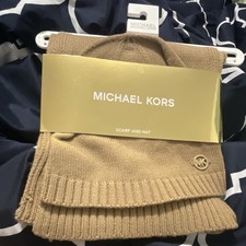 Michael Kors Brown Knit Scarf  Hat Set with Logo Accent