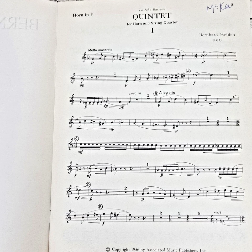 Bernhard Heiden Quintet French Horn String Quartet 1956 Sheet Music Score Parts - Image 2 of 4