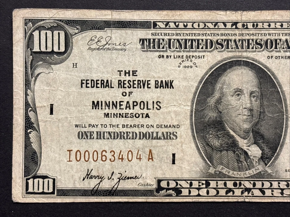 1929 $100 Minneapolis Minnesota Federal Reserve Bank Note Rare Currency Bill - Image 2 of 4