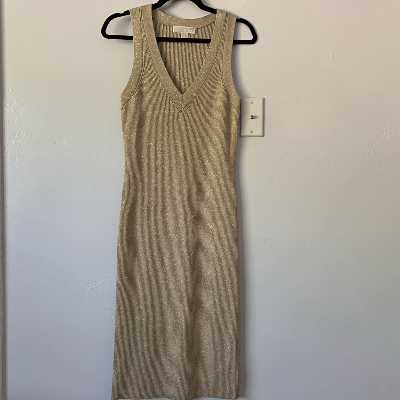 Michael Kors Dress Women L Gold Metallic Ribbed V Neck Sweater Sheath Pencil thumbnail 3
