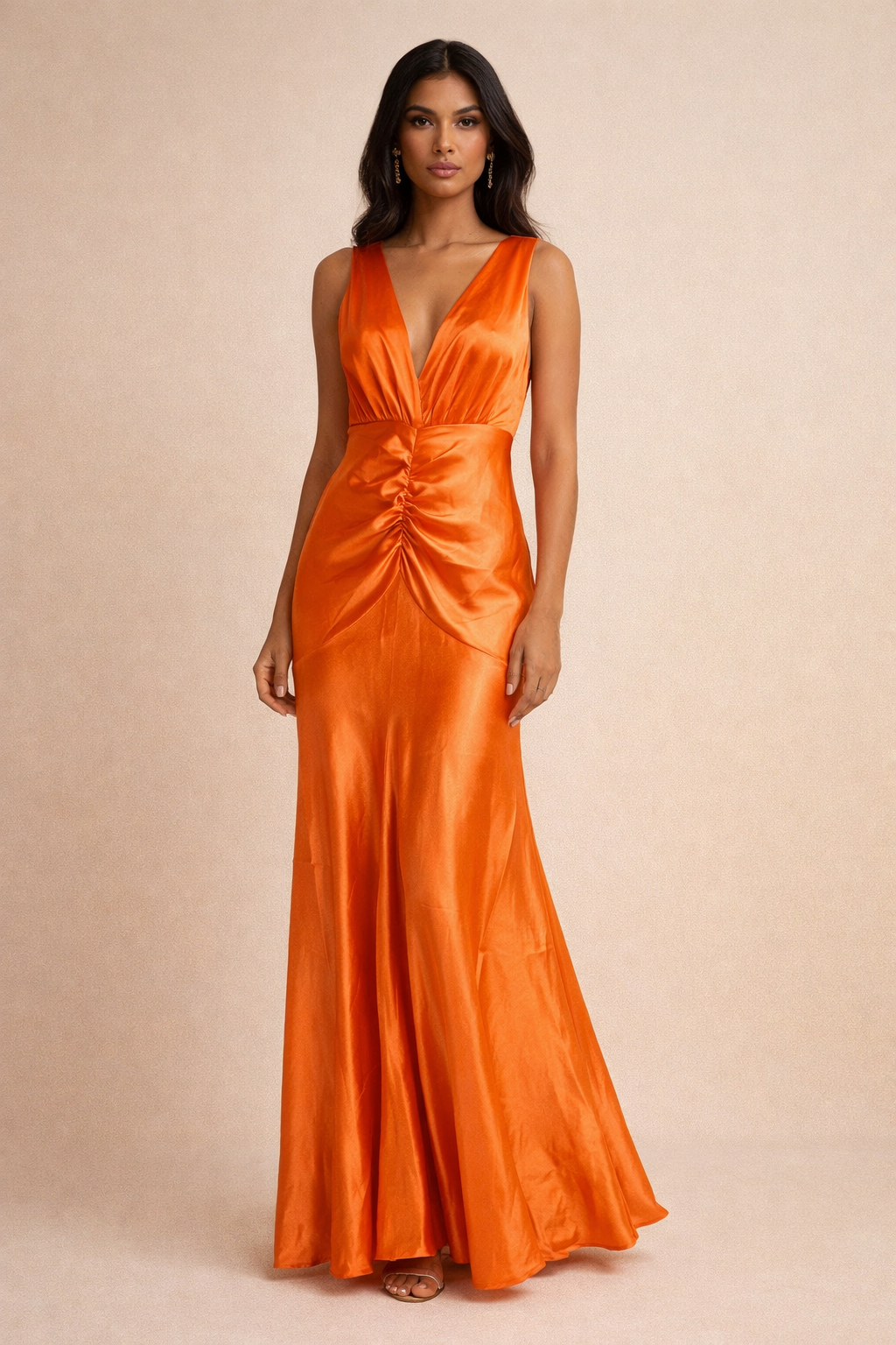 Elegent SatinFeel XPLUSWEAR XL 14-16 Vibrant Orange Maxi Dress Deep VNeck pd 18z