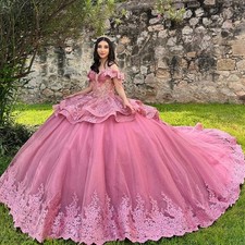 Pink Quinceanera Dresses Ball Gown Layered Off Shoulder Lace Applique Sweet 16