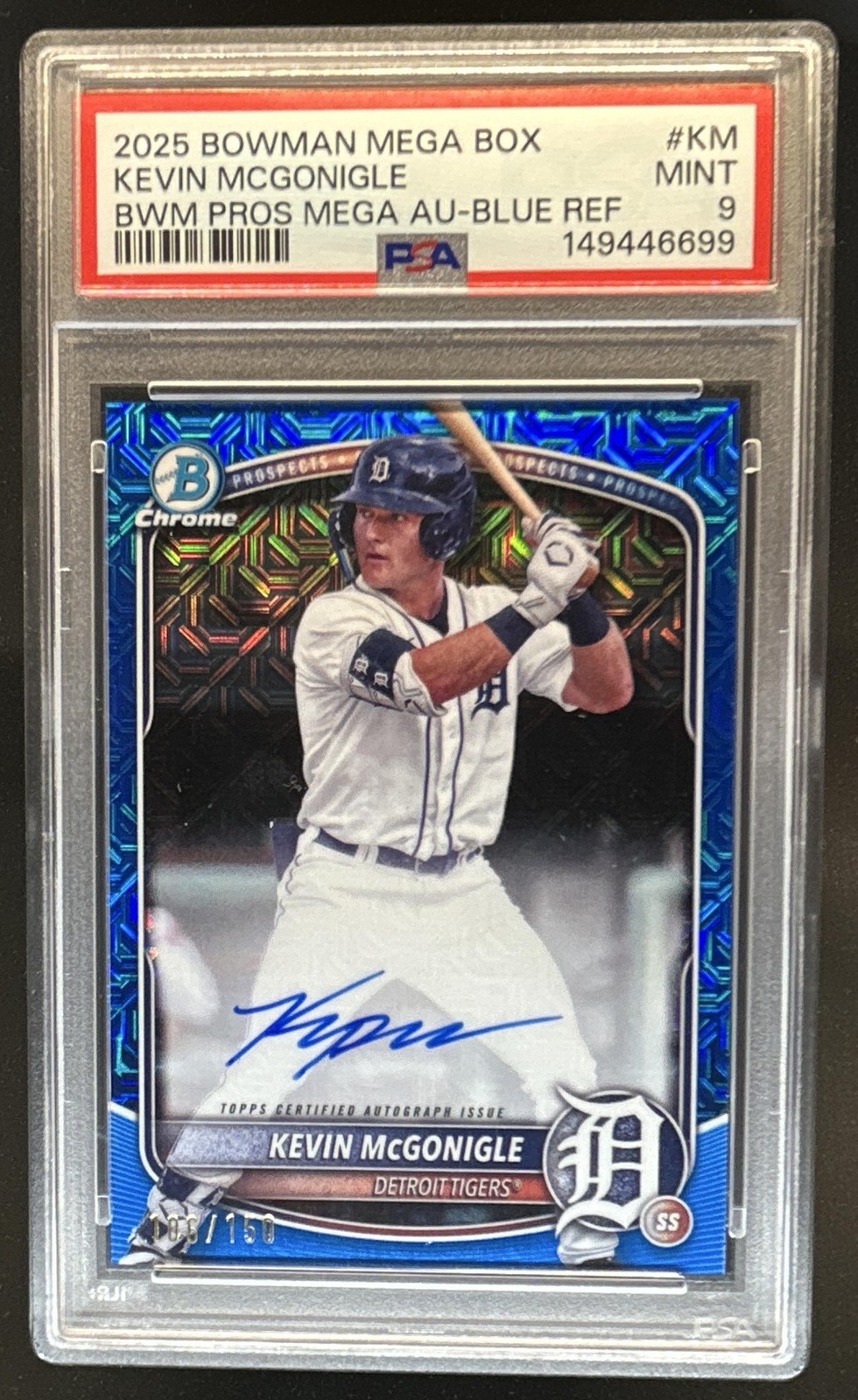 2025 Bowman Kevin McGonigle Chrome Auto Mega Box Blue Refractor 1st #/150 PSA 9 view 1