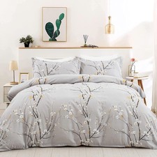 Light Grey Duvet Cover Set Queen, Flower Plum Blossom Prnited Bedding Set wit...