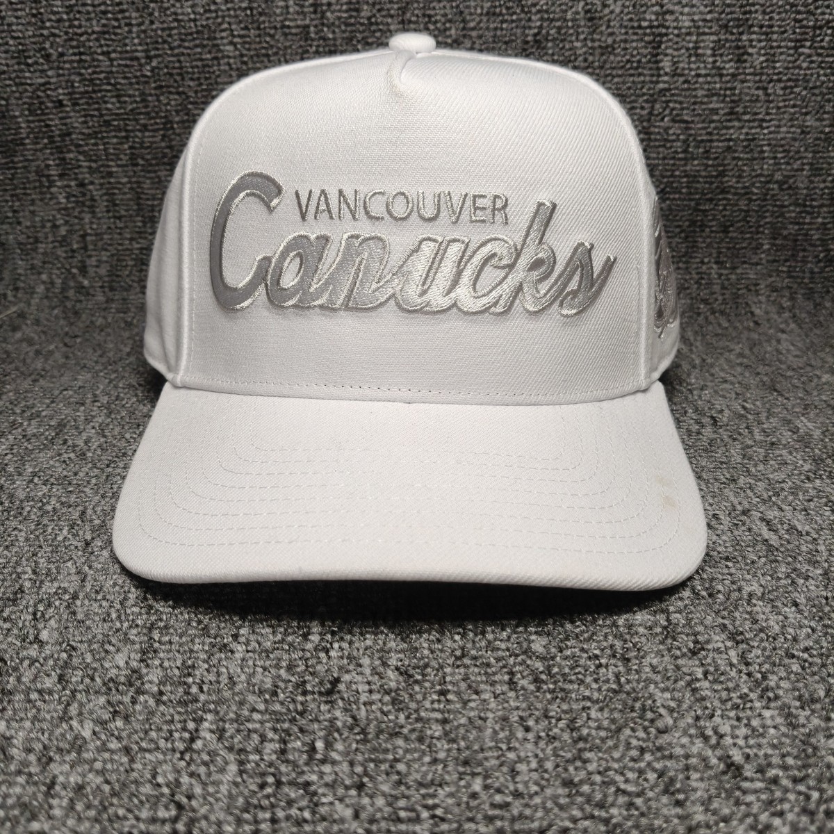 Mitchell & Ness Vancouver Canucks NHL White Script Logo Cap Hat Tonal Side Logo
