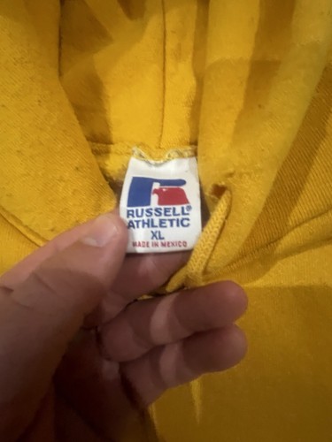 Men's Vintage Y2K Russell Athletic Pocket Hoodie - Yellow - XL - Picture 3 of 10