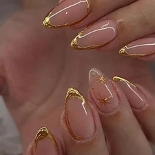 evpct Gold Trench Tip Press on Nails Almond Medium, Nude Pink + Gold Line Tip...