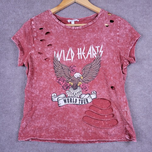 DEREK HEART Shirt Women's Large Rusty Cropped Ripped Blouse Thrashed Tee Stretch