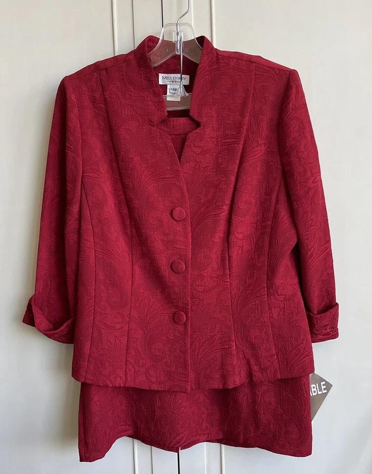 Винтажный Miss Dorby 2шт юбка костюм женщин 12P красный дамасский расширитель 3/4 рукав кнопка новый с Ярлыками - Изображение 2 из 4