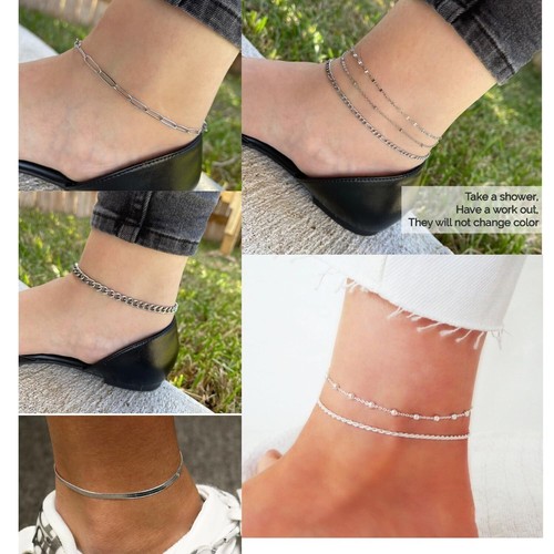 Plus Size Anklets for Women Big Ankles 14K White Gold Plated Stainless Steel ... - Picture 3 of 3