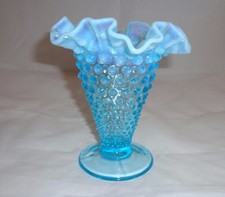 Vintage Blue Opalescent Hobnailed Ruffled Footed 5.75'' Vase Unmarked Fenton