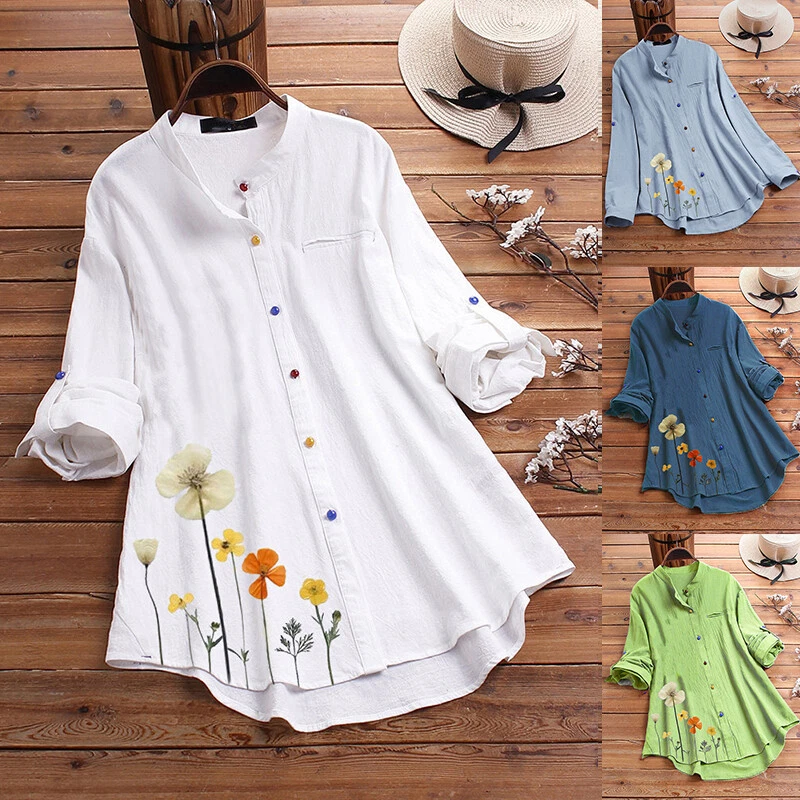 Womens Cotton Linen Tops Blouse Ladies Baggy Long Sleeve Plus Size T Shirt Tunic