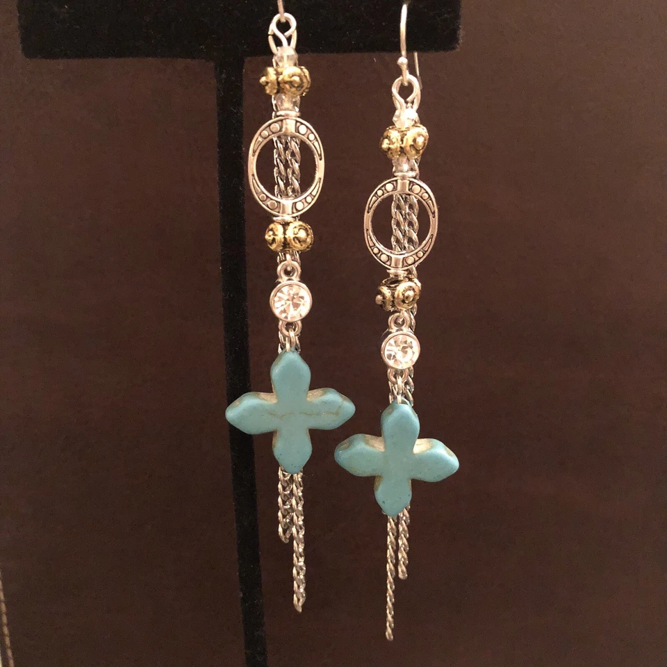 Pendientes colgantes de cruz turquesa de dos tonos hechos a mano nuevos con etiquetas Foto 2 de 4