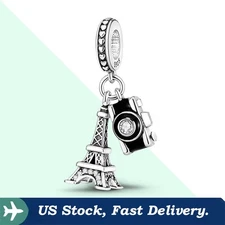 KUNSIR 925 Sterling Silver Charm For Bracelet Camera Eiffel Tower Pendant Charm